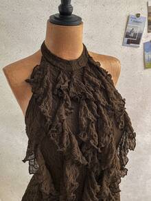 Soleia Vestido de mujer con cuello de lazo y volantes, versátil para vacaciones - Marrón - Ver 5