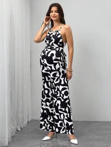 SHEIN Bộ áo liền quần bầu với cổ yếm đính hạt gỗ, nơ thắt eo phía trước, quần in họa tiết kỹ thuật số. - Đen và trắng - Xem 3