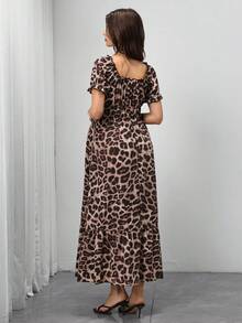 Momance Đầm maxi ngắn tay cổ vuông thắt nơ họa tiết da báo cho bà bầu - Nhiều màu - Xem 2
