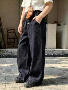 DAZY Quần jeans thường ngày trơn, túi xéo, dành cho bé trai tuổi teen. - Màu xanh hải quân - Xem 3