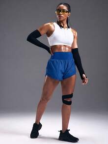 Powerista Pantaloncini sportivi a vita alta a doppio strato di colore unito - Blu - Visualizzare 7