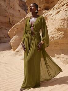 Zivah Women's Casual Beach Vacation Brown Robe Coverup & Wide Leg Pants Set, V-Neck Adjustable Waist Tie Robe Coverup & Palazzo Pants 2-Piece Set - Army Green - View 7