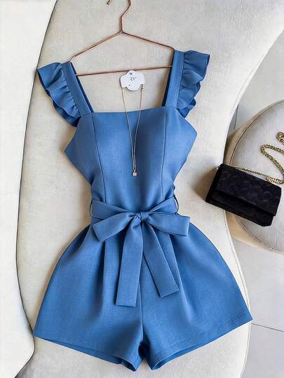 Everyssa Urlaubs-Stil lässiges Kurzarm-Jumpsuit mit quadratischem Ausschnitt und taillierter Taille, eleganter Pendler-Vintage-Allrounder Hochwertiger Jumpsuit für Frauen