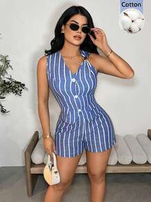 Vavine Bộ đồ nữ thường ngày gồm áo tank top và quần short kẻ sọc cài cúc phía trước, kiểu dáng công sở, gồm 2 món. - Xanh và trắng - Xem 1