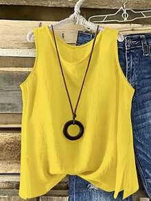 Linhara Plus Size Casual Solid Color Tank Top, Summer - Yellow - View 1