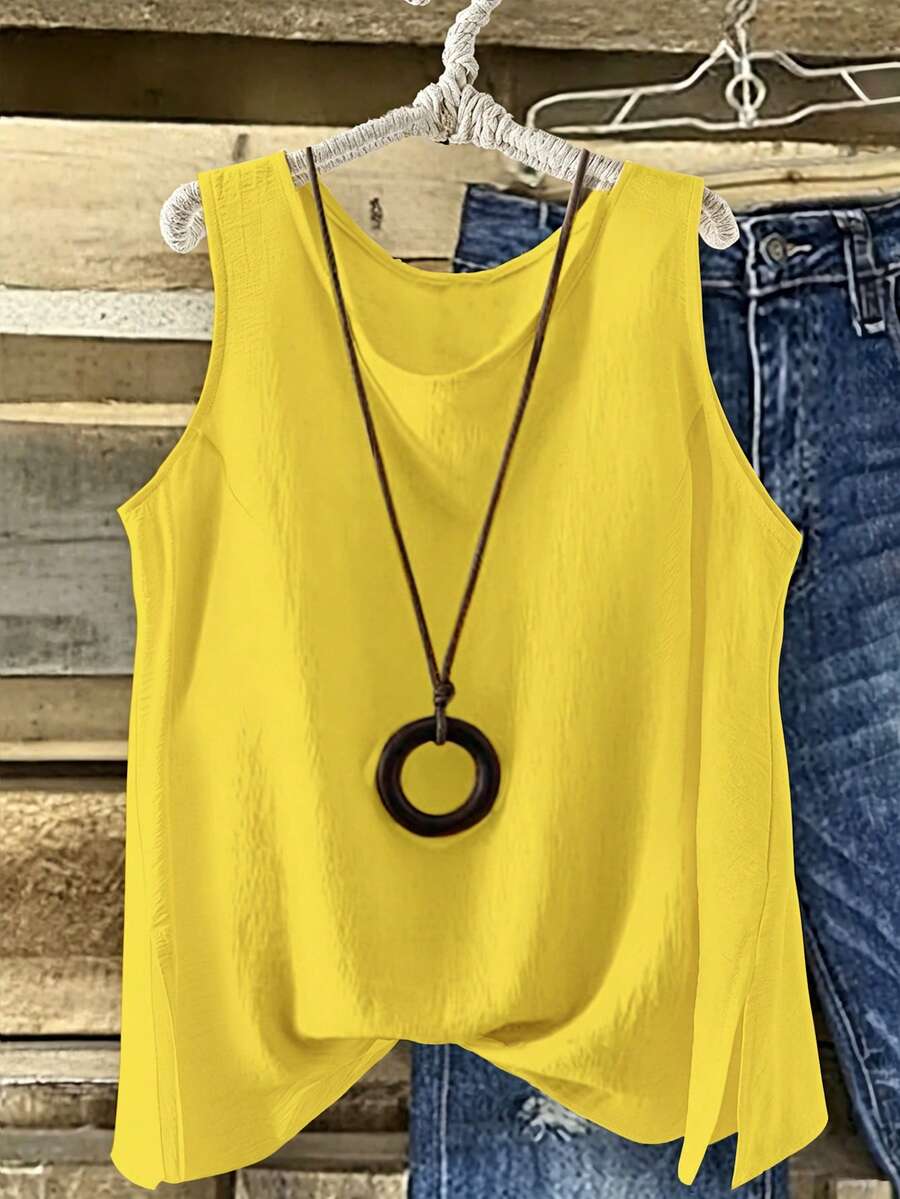 Linhara Plus Size Casual Solid Color Tank Top, Summer - Yellow - View 1