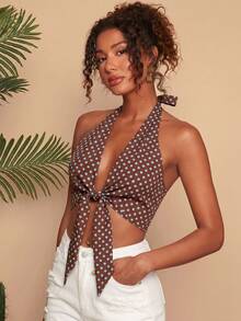 Travachic Casual Retro Style Brown Base Blue Polka Dot Allover Print Blouse, Suitable For Spring/Summer Vacation - Multicolor - View 4