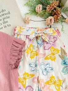 LMoss Kids 2件套女婴纯色荷叶边领上衣和宽松碎花裤套装 - 粉色 - 查看 3