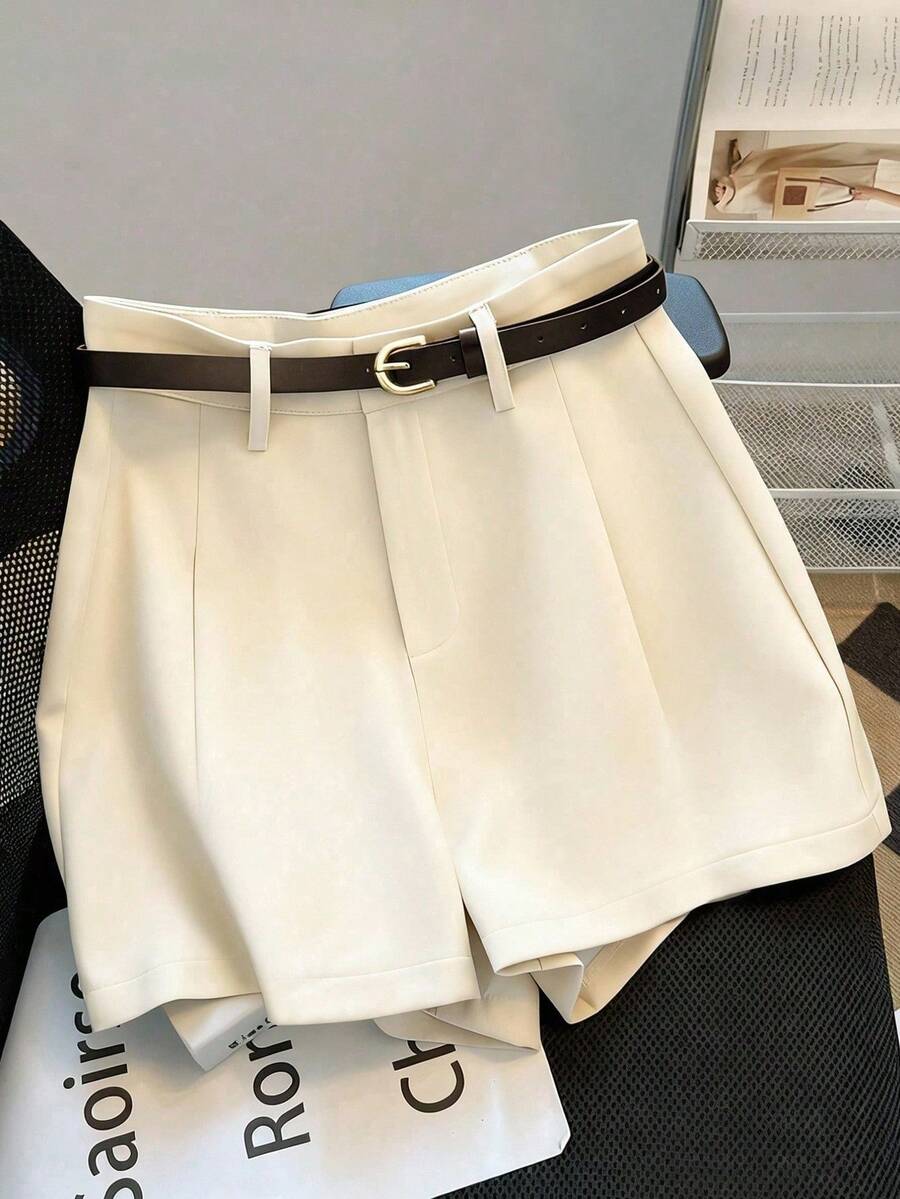 SHEIN PETITE 女款高腰米白色附腰帶短褲,優雅夏季套裝短褲,辦公室正裝褲,休閒寬腿工作穿搭,百搭時尚短褲,適合嬌小女性 - 杏色 - 查看 1