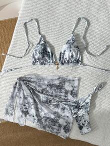 Costavie 女款隨機印花掛脖金屬裝飾迷你裙三件式比基尼套裝，春/夏 - 彩色 - 查看 3