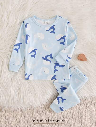 Cozy Pixies Baby/Toddler Kids Pink & Blue Dolphin & Whale Print Long Sleeve Top And Pants Set, Stretchy Casual Outfit, Long Sleeve Pullover Top With Elastic Waist Pants, Ocean Pattern, Suitable For All Seasons