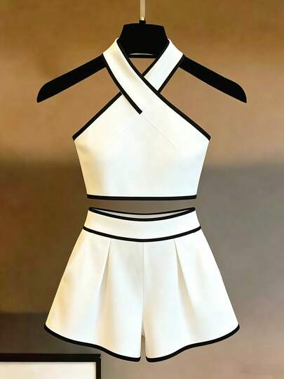 SHEIN Franclia 2 pezzi Set top canotta bianco schiena scoperta e pantaloni, Set blusa e pantaloni con bordo nero, adatto per spiaggia, ufficio, casual, vacanza, versatile per uso quotidiano di moda, adatto anche come abbigliamento da lavoro per insegnanti urbani