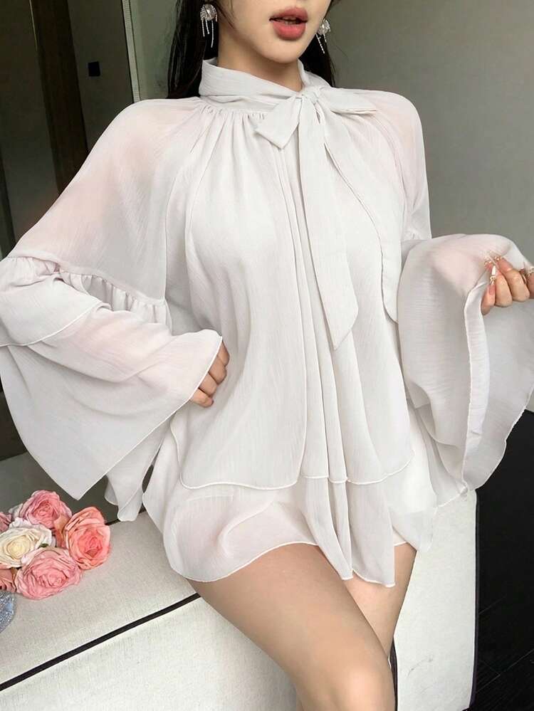Women's Solid Color Chiffon Loose Ruffled Flare Sleeve Tie Neck Elegant Summer Blouse