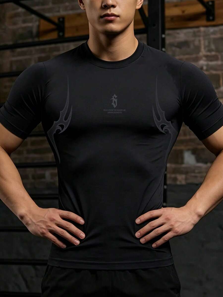 Gym Rark 男士字母印花短袖休閒健身運動T恤,健身房適用 - 黑色 - 查看 1