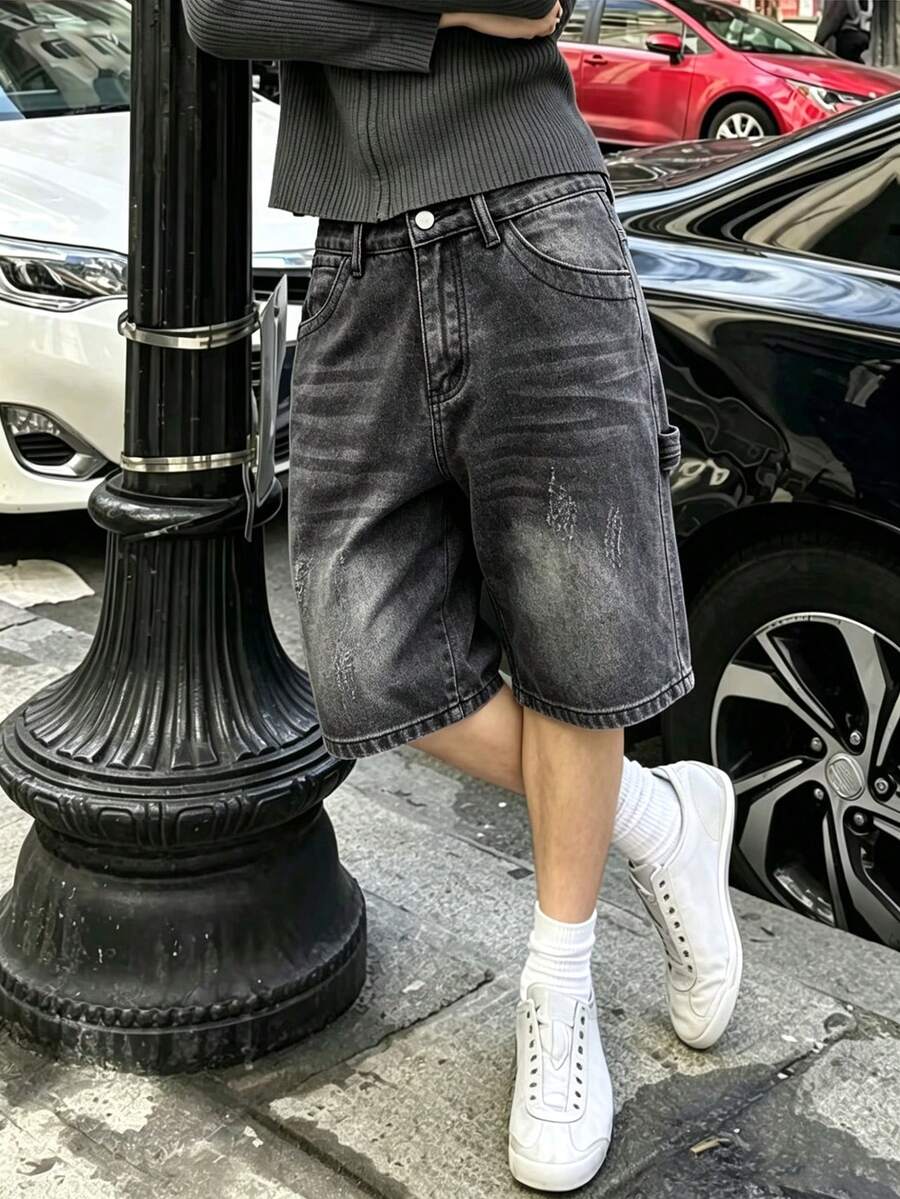 GALLERY FADE Men's Grey Casual Loose Wide Leg Denim Shorts, Summer - Grey - View 1