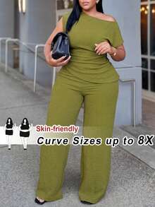 SHEIN CURVE+ 2026春夏大码女装新款，适合音乐节、复活节、西部风、游牧风、生日派对、毕业典礼、大学、学生、日常休闲、基础款、休闲、度假、邮轮旅行、海滩、日光浴、畅销款、街头风、婚礼宾客波西米亚风、通勤、早午餐、机场、派对、假日郊游、优雅晚宴、盛大晚宴、休闲、高端优雅绿色不对称单肩收腰不对称下摆阔腿裤两件套，女士游艇套装，居家/办公穿着Y2K Jump - 綠色 - 查看 1