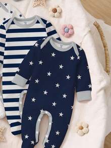 SHEIN [1 Set Random] Newborn Romper, Cartoon Star & Striped Print Pattern, Soft Skin-Friendly Fabric, Long Sleeve Round Neck Button-Down Design, Convenient Wear, Suitable For Home, Leisure, Daily Outings, All Seasons - Multicolor - View 3