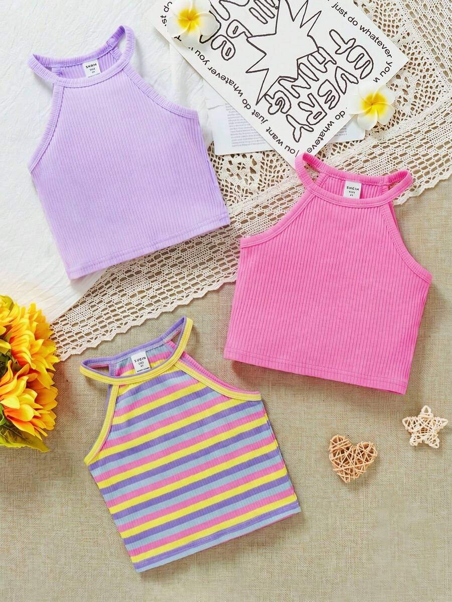 SHEIN 3pcs/Set Girls Casual Vacation Ribbed Tank Top - Multicolor - View 1