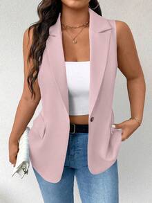 Elenzga Plus Size Women Thin Button Casual Minimalist Vest Jacket - Pink - View 5
