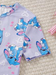 1pc Girls' Stitch Cartoon Jumpsuit,Soft Purple & Pink,Summer Cute Holiday Home Wear,All-Over Heart Print,Front Zipper Polyester Snug Fit - Multicolor - View 4