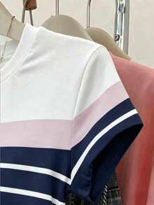 SHEIN Unity 女款海軍藍與白色抓皺腰身貼身洋裝，夏季休閒海岸風，早午餐短袖優雅海灘度假旅行日常穿搭 - 藏蓝色 - 查看 3