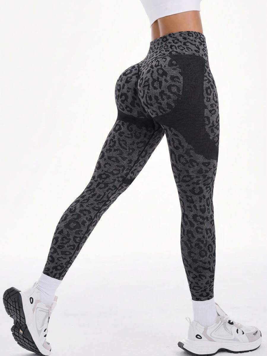 Slayform Slayform Legging Olahraga Wanita Rajut Tanpa Jahitan Motif Leopard untuk Latihan, Kebugaran, dan Gym - Dark Grey - View 1