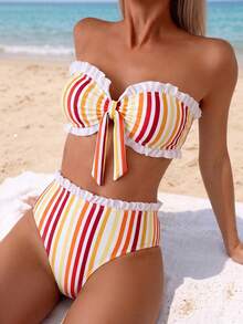 Swim Mod Spring/Summer Beach Vacation Striped Print Ruched Sweetheart Neck Crop Top And Ruffle Waist Triangle Bikini 2-Piece Swimwear Set - Multicolor - View 4