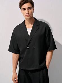 RONVEXI 男士纯色简约休闲短袖衬衫 - 黑色 - 查看 4
