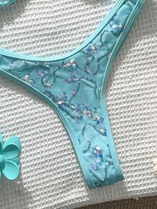 Swim Mod Springbreak 2pcs/Set Summer Vacation Random Animal Print Top And High Cut Sexy Bikini Bottoms - Mint Blue - View 6