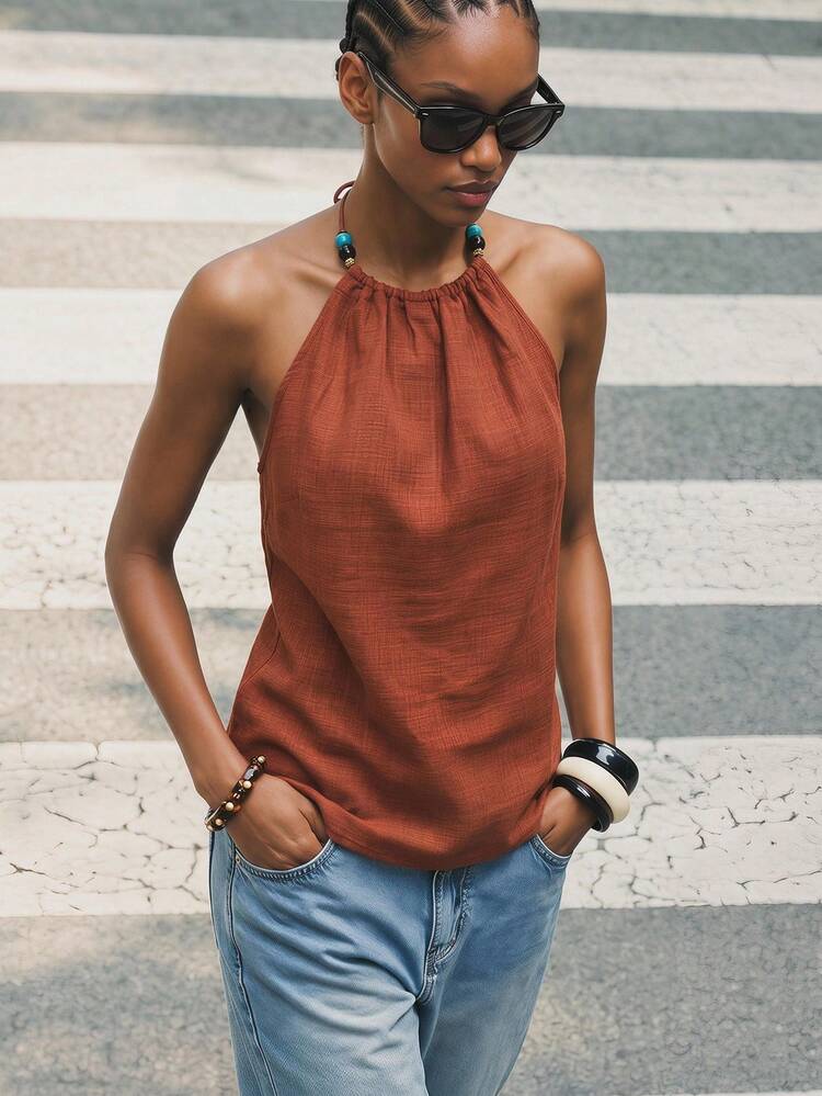 SHEIN Maija Rust Brown Backless Summer Holiday Blouse With Pearl Decor, Casual Boho Comfortable Beach Vacation Chic Relaxed Fit,Summer Top
