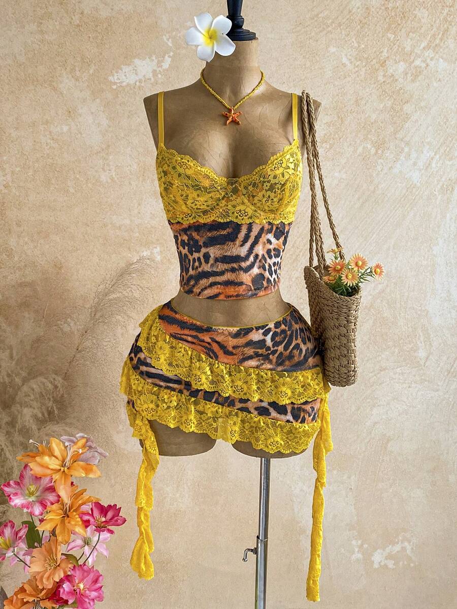 Soleia Leopard & Tiger Print Patchwork Yellow Lace Camisole And Asymmetrical Ruffled Hem Skirt Set - Multicolor - View 1