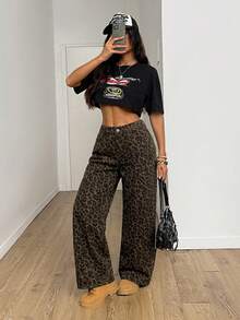 SHEIN Tall 高個女款高腰豹紋寬腿牛仔褲，休閒日常與夏季街頭風女褲 - 棕色 - 查看 4