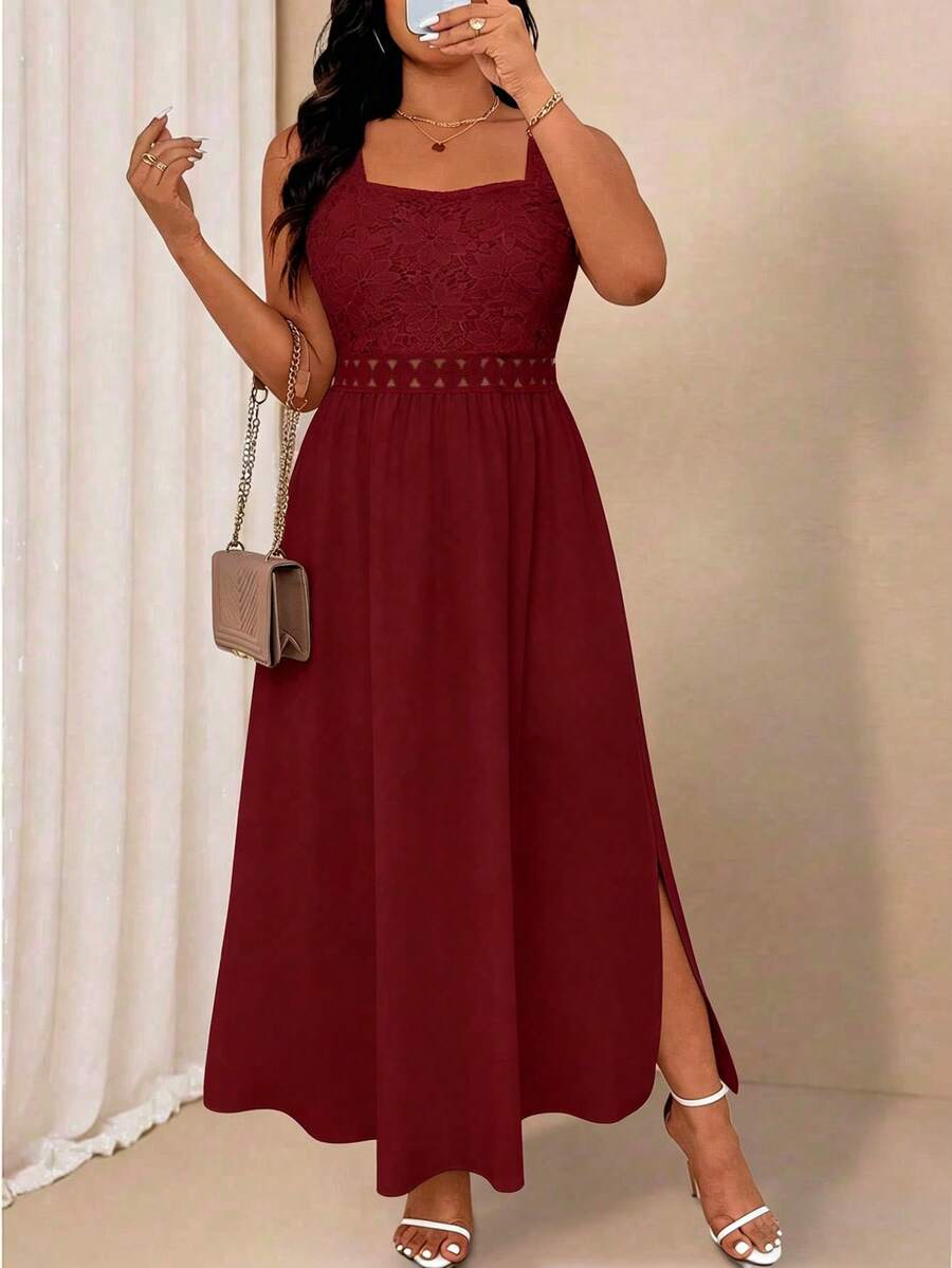 SHEIN Clasi 大尺碼女款優雅蕾絲下擺開衩方領洋裝 - 酒紅色 - 查看 1