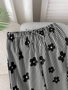 SHEIN Girls Casual Striped & Floral Print Loose Black Pants, Suitable For Daily, Commuting, Vacation, Music Festival - Black - View 6