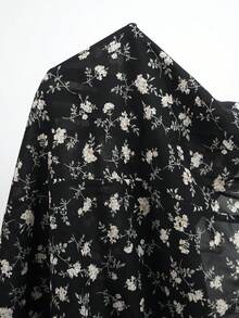 GalTyme 大尺碼黑色方領短澎澎袖碎花夏季洋裝 - 黑色 - 查看 8