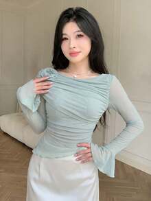 Modelyn Mint Green Mesh Ruffle Floral Decor Elegant T-Shirt Daytime Autumn - Mint Green - View 6