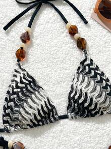 Swim Vcay Women's New Textured Fabric Sexy Tropical Beaded Bikini Set, Beach Vacation/Pool Vacation Outfit For Summer Black - Black and White - View 4