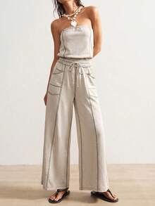 Bohemela Women's Minimalist Drawstring Waist Pocket Loose Knit Jumpsuit - Apricot - View 5