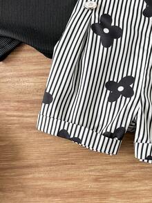 SHEIN 女婴夏季时尚套装，两件套，单肩3D立体花朵装饰罗纹上衣+黑白条纹印花短裤，奢华风格童装，适合派对和日常穿着 - 黑色 - 查看 6