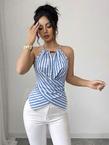 Elenzga Áo tank top nữ mùa hè thanh lịch đi làm thường ngày, màu nền mơ, họa tiết lá, không tay, cổ yếm, thắt nơ cổ, trang trí hạt gỗ, gấu áo bất đối xứng, eo buộc chéo, ôm sát tôn dáng - Màu xanh lam - Xem 3