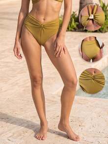 Rouah Women's Solid Color Twist Ruched Triangle Bikini Bottom, Suitable For Summer Vacation And Beach - Matching Top Available - Green - View 1