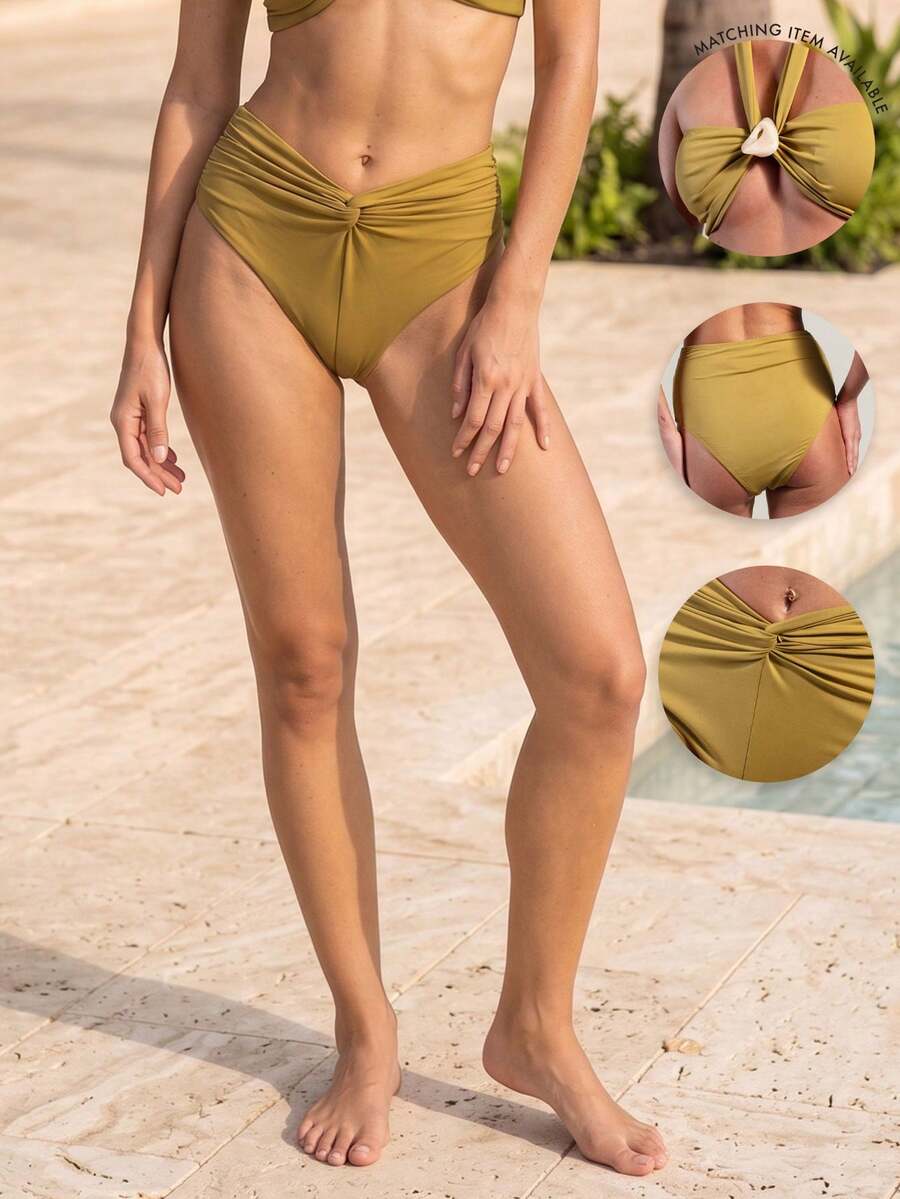 Rouah Women's Solid Color Twist Ruched Triangle Bikini Bottom, Suitable For Summer Vacation And Beach - Matching Top Available - Green - View 1