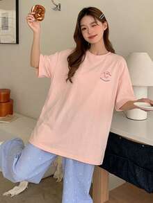 DAZY 2件組女款可愛木馬印花上衣與彩色波點長褲睡衣套裝，夏季居家服 - 粉色 - 查看 4