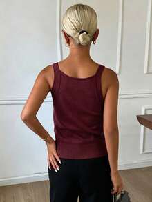 DAZY Áo tank top nữ màu trơn cổ chữ V không tay, chất liệu dệt kim mỏng, thanh lịch, thích hợp cho mùa hè. - Đỏ - Xem 2