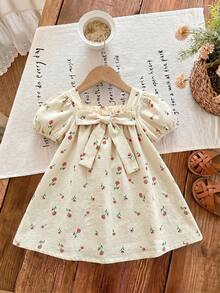 SHEIN Đầm ngắn tay ngắn thắt nơ màu xanh lá cây dễ thương cho bé gái, thích hợp cho kỳ nghỉ hè. - Nhiều màu - Xem 5