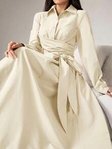 Heiryn Women's Casual Solid Color Tie-Up Long Sleeve Dress, Spring - Apricot - View 5