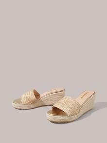 Styleloop Giày nữ, màu nâu, giày rơm đan bằng dây gai dầu, sandal đế xuồng, giày giúp tăng chiều cao, phong cách bohemian cho kỳ nghỉ. - Màu be - Xem 8