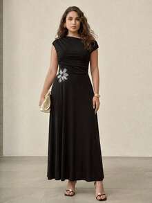 MOTF PREMIUM PLUS SIZE WOMEN'S ELEGANT SLIMMING DRESS WITH SHOULDER CUT-OUT, WAIST CUTOUT, BEADED FLORAL APPLIQUE, SPRING/SUMMER - Black - View 7