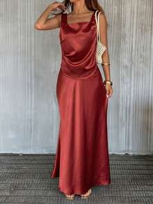 Strévra Satin Cowl Neck Top Long Skirt Women's 2 Pieces Set Night Out Rust Brown Summer Elegant - Red - View 3