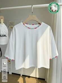 Comfortcana Áo thun tay ngắn cổ tròn, họa tiết vỏ sò nhiều màu sắc, phối màu tương phản, thích hợp cho mùa hè, lễ hội âm nhạc, phong cách Y2K, cỡ lớn. - trắng - Xem 1
